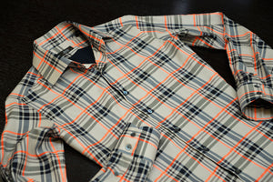 A brown and orange highlight check Anto shirt displayed on a flat surface. 